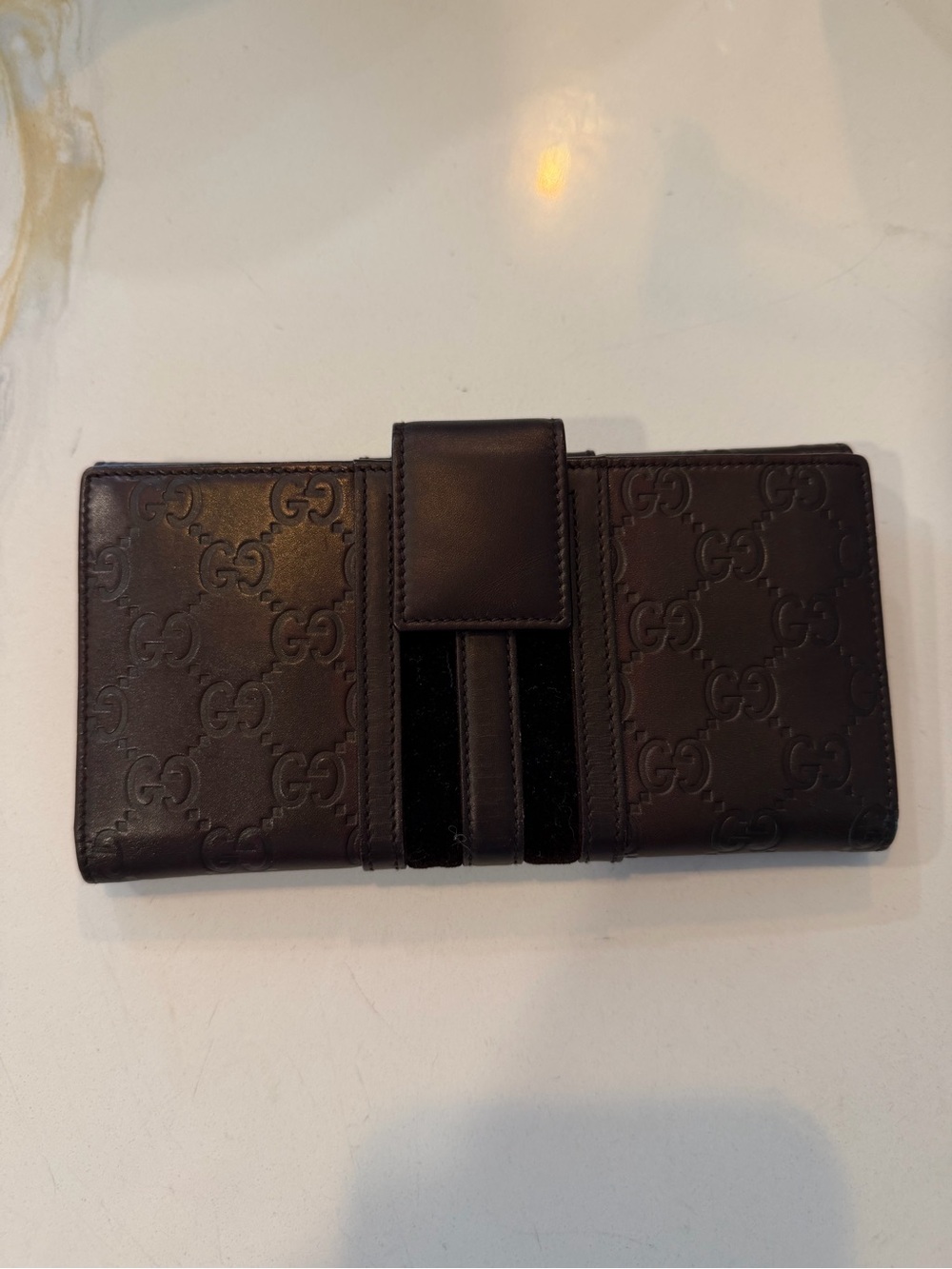 Gucci Dark Brown Embossed GG Leather Continental Wallet with Black Stripe - Picture 2 of 7